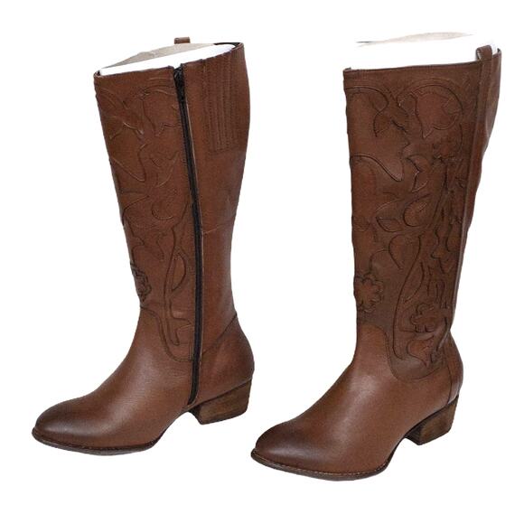 Roan Ellia Tan Brown Floral Top Stiched Tall Leather Western Cowboy Boots 7.5 - Picture 4 of 10